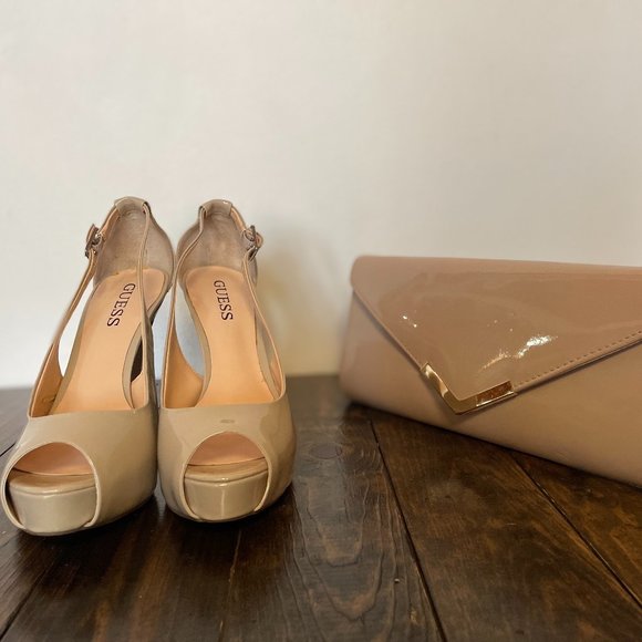 Guess Tan Slingback Heels Size 9 with Matching Tan Clutch - Picture 1 of 5